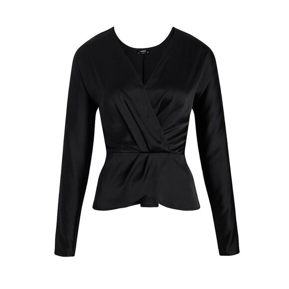 Express Women's Satin Draped Top Size XS Black Long Sleeves Faux Wrap NWT $58 - Picture 5 of 16